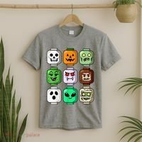 Halloween Building Brick Head Pumpkin Ghost Zombie T-Shirt thumb 2