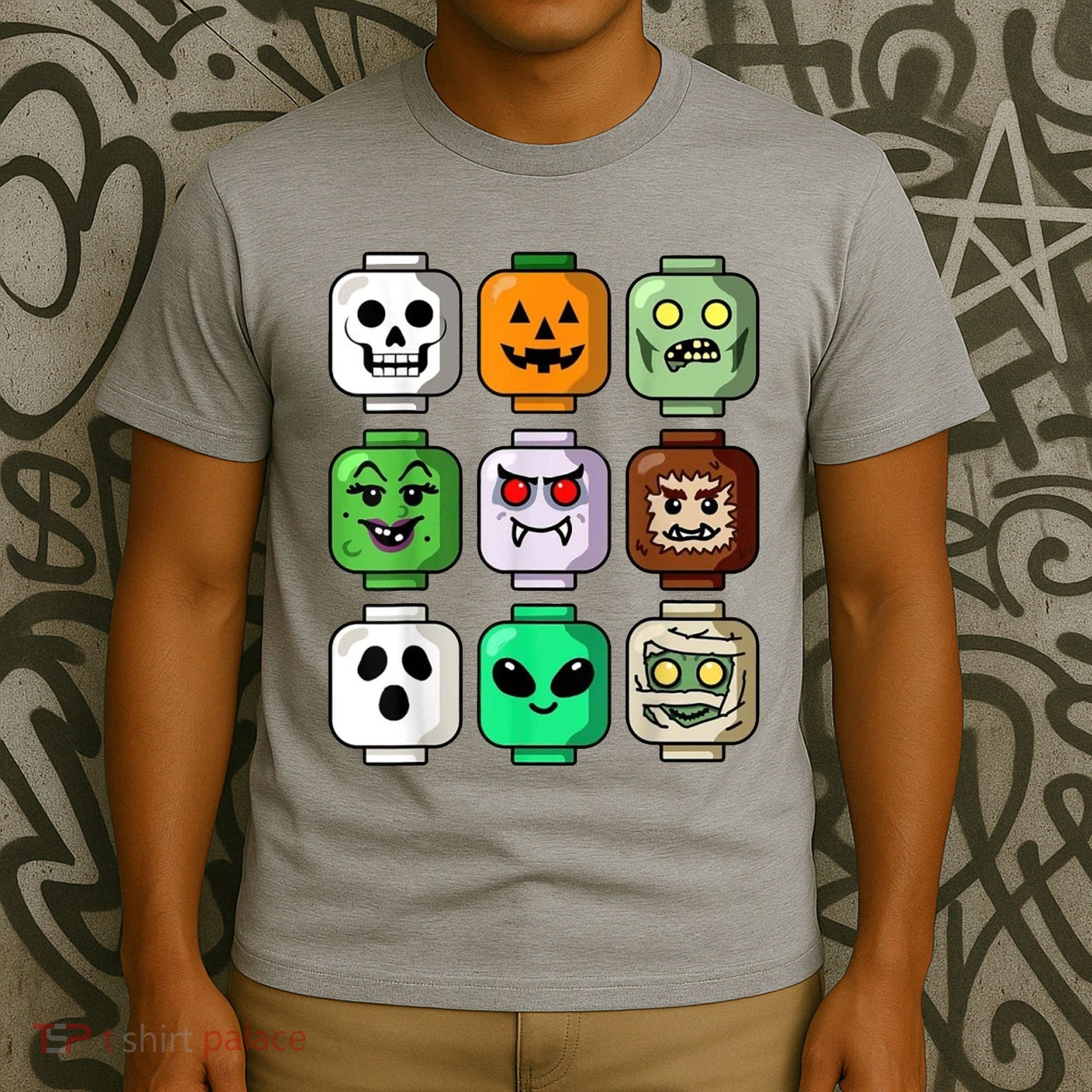 Halloween Building Brick Head Pumpkin Ghost Zombie T-Shirt
