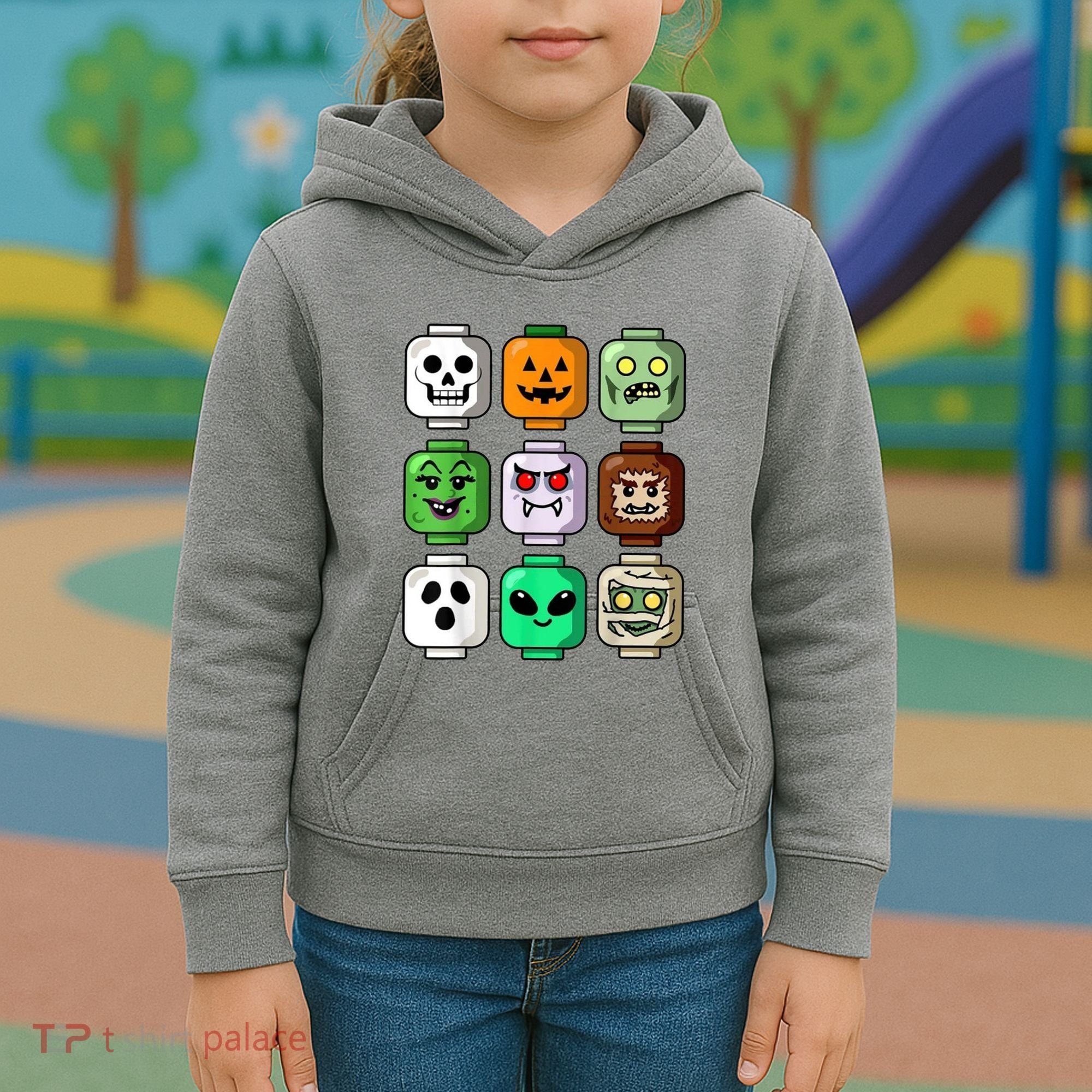 Halloween Building Brick Head Pumpkin Ghost Zombie Kids Hoodie