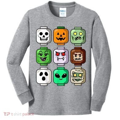 Halloween Building Brick Head Pumpkin Ghost Zombie Kids Long Sleeve Shirt