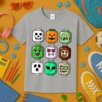 Halloween Building Brick Head Pumpkin Ghost Zombie Kids T-Shirt thumb 3