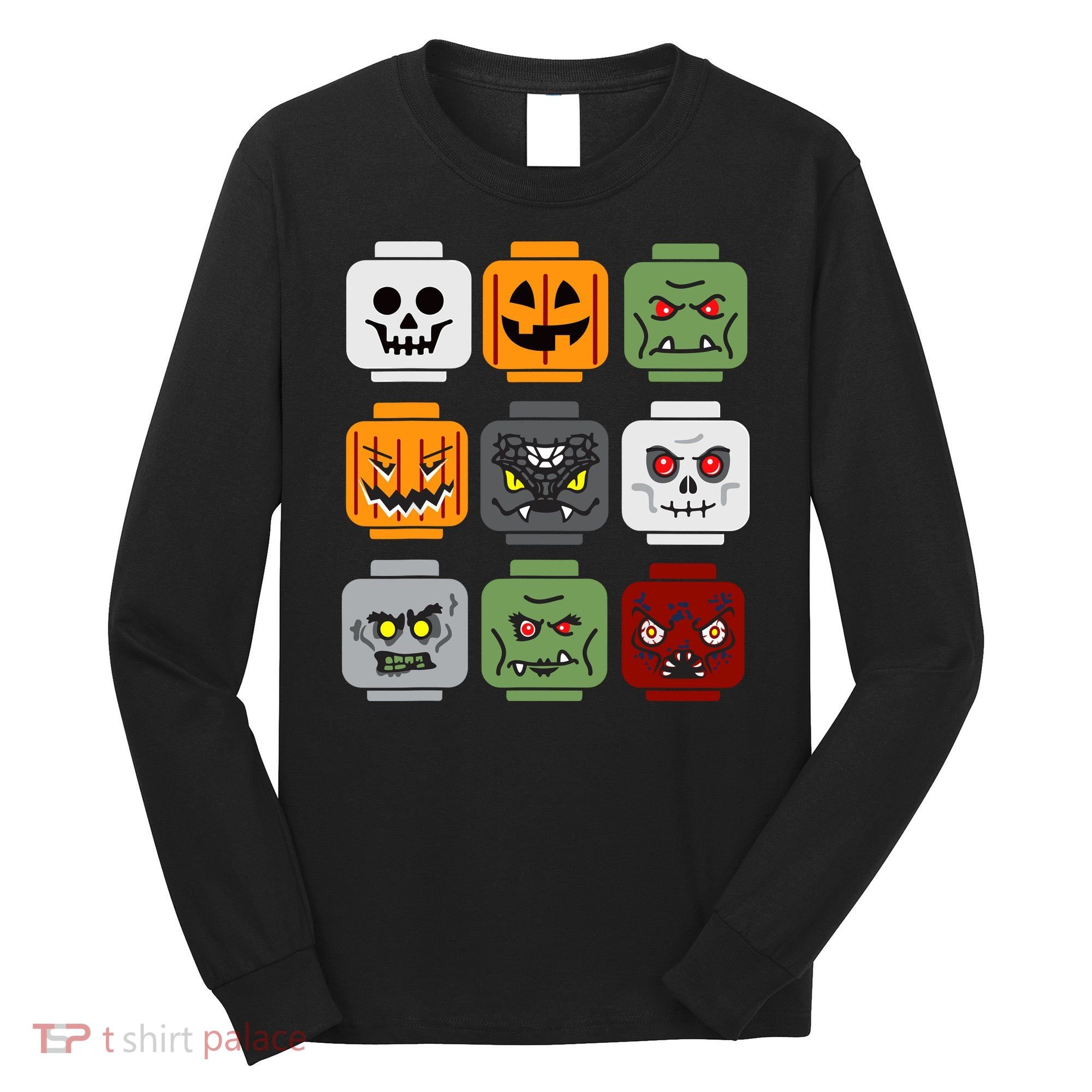 Halloween Building Brick Head Pumpkin Ghost Zombie Friends Long Sleeve Shirt