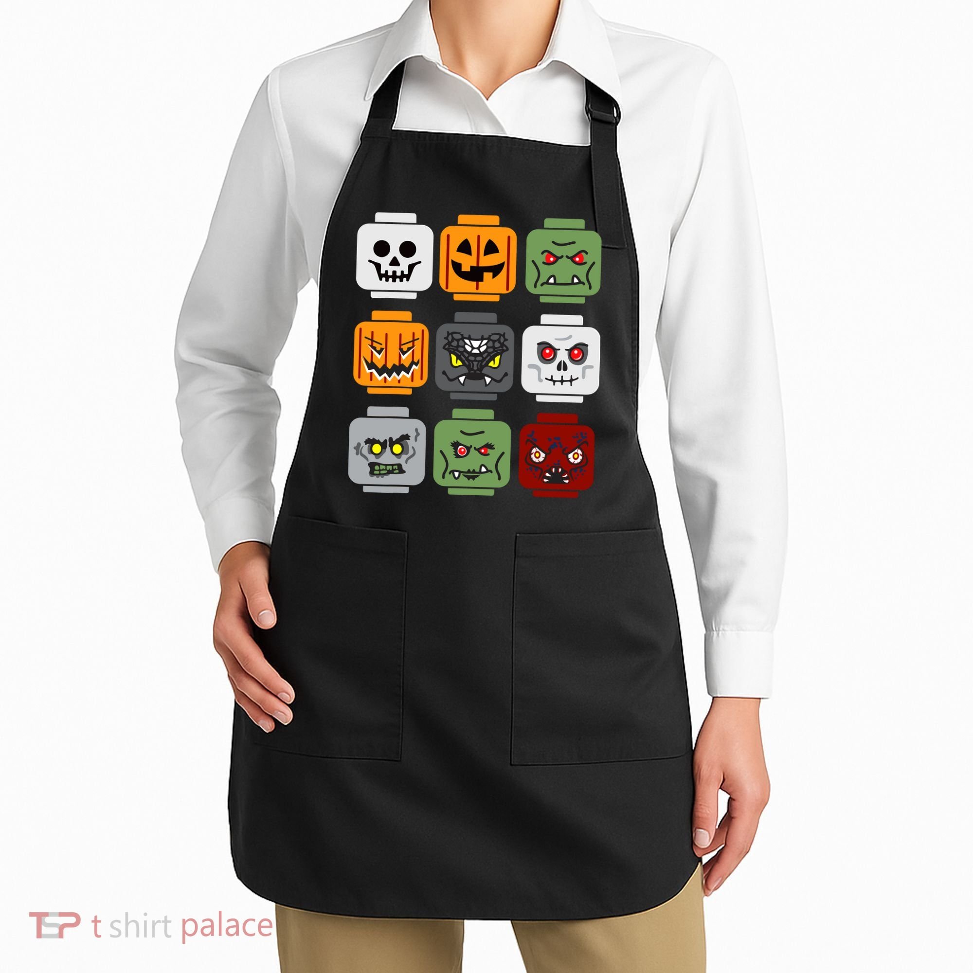 Halloween Building Brick Head Pumpkin Ghost Zombie Friends Apron
