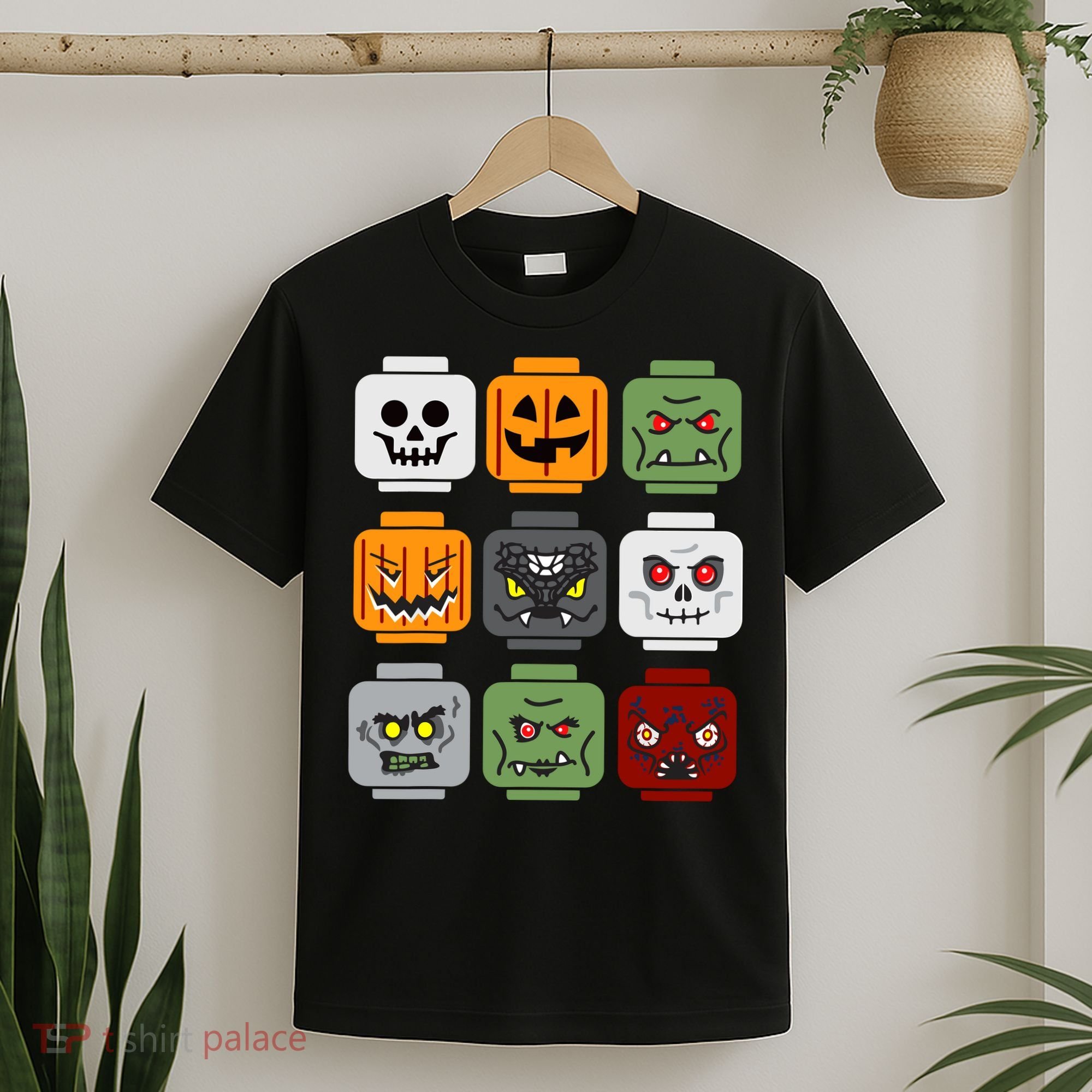 Halloween Building Brick Head Pumpkin Ghost Zombie Friends T-Shirt