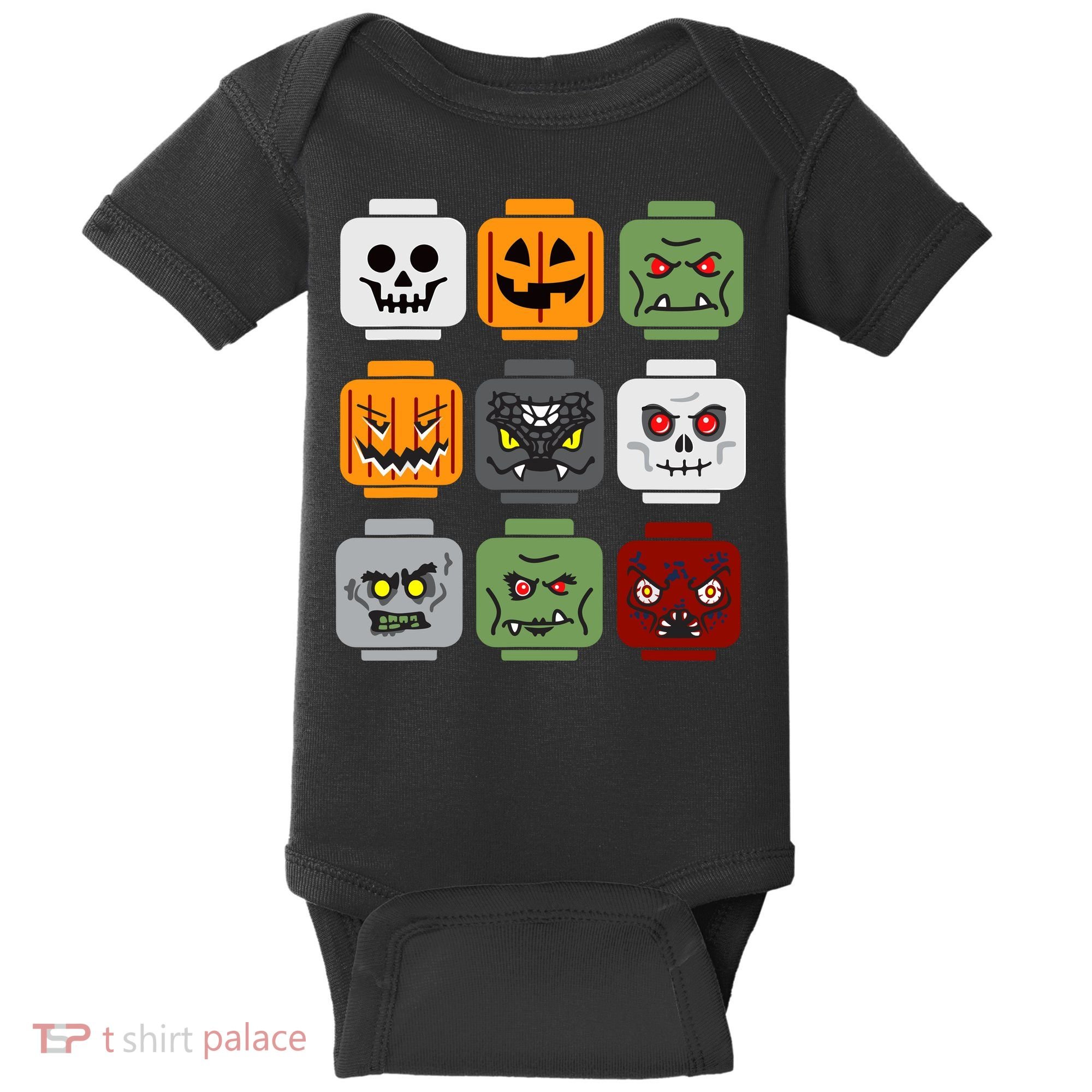Halloween Building Brick Head Pumpkin Ghost Zombie Friends Baby Bodysuit