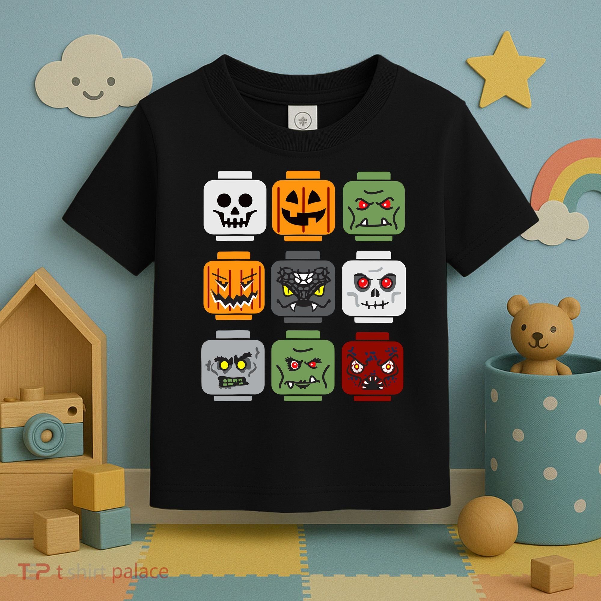 Halloween Building Brick Head Pumpkin Ghost Zombie Friends Toddler T-Shirt
