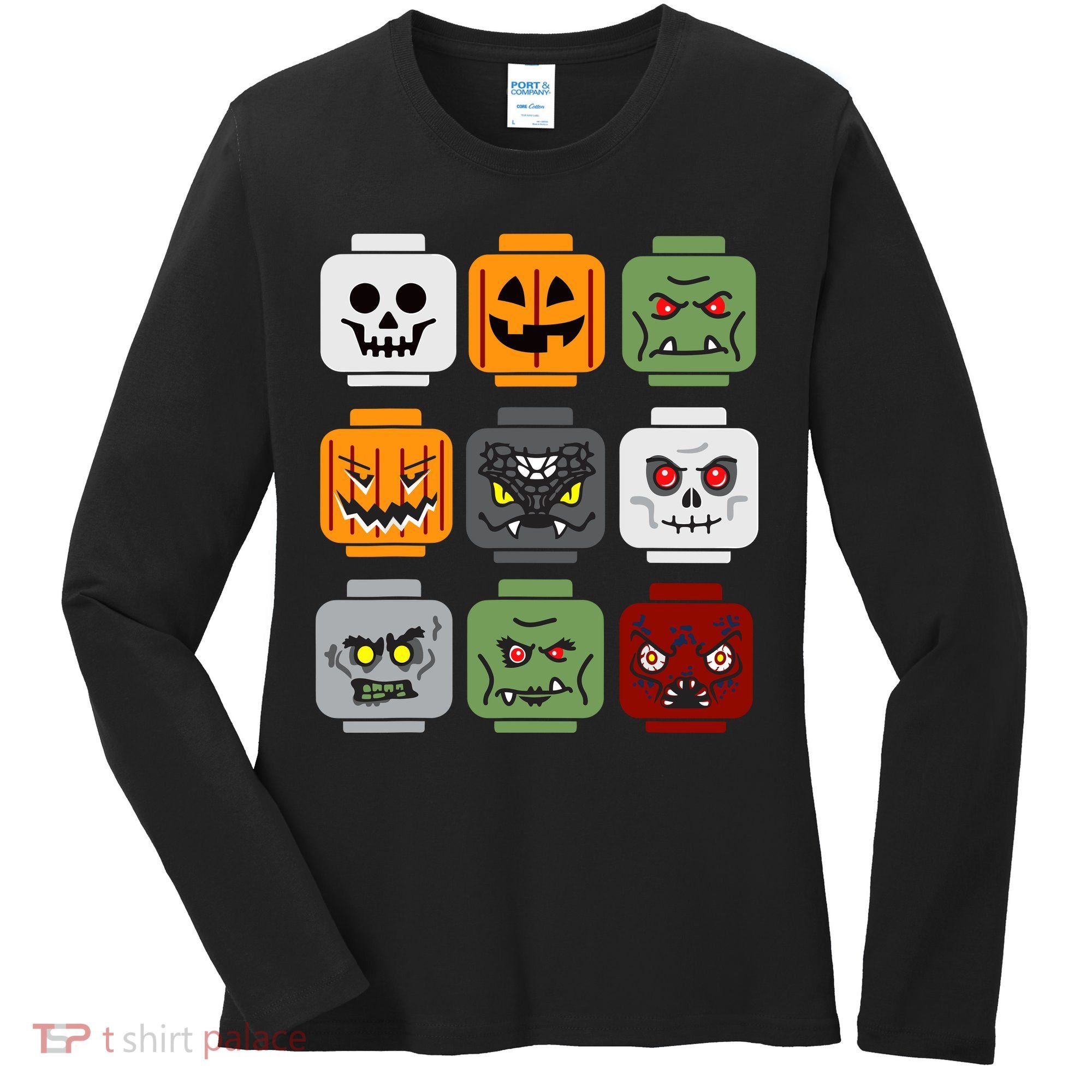 Halloween Building Brick Head Pumpkin Ghost Zombie Friends Women's Long Sleeve Shirt