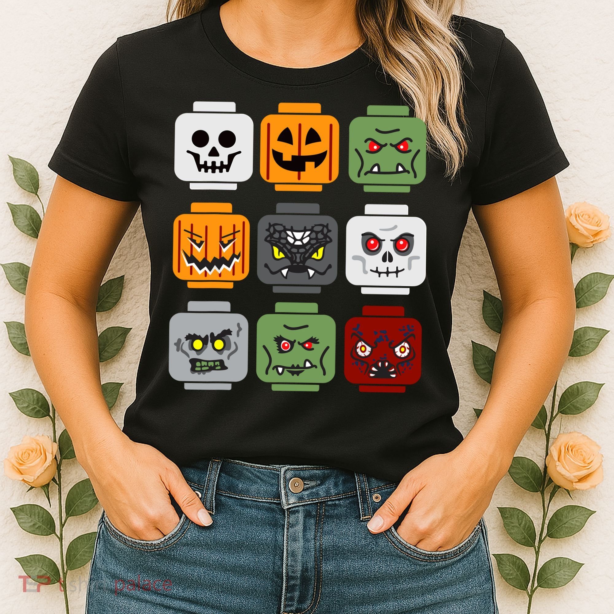 Halloween Building Brick Head Pumpkin Ghost Zombie Friends Women's T-Shirt
