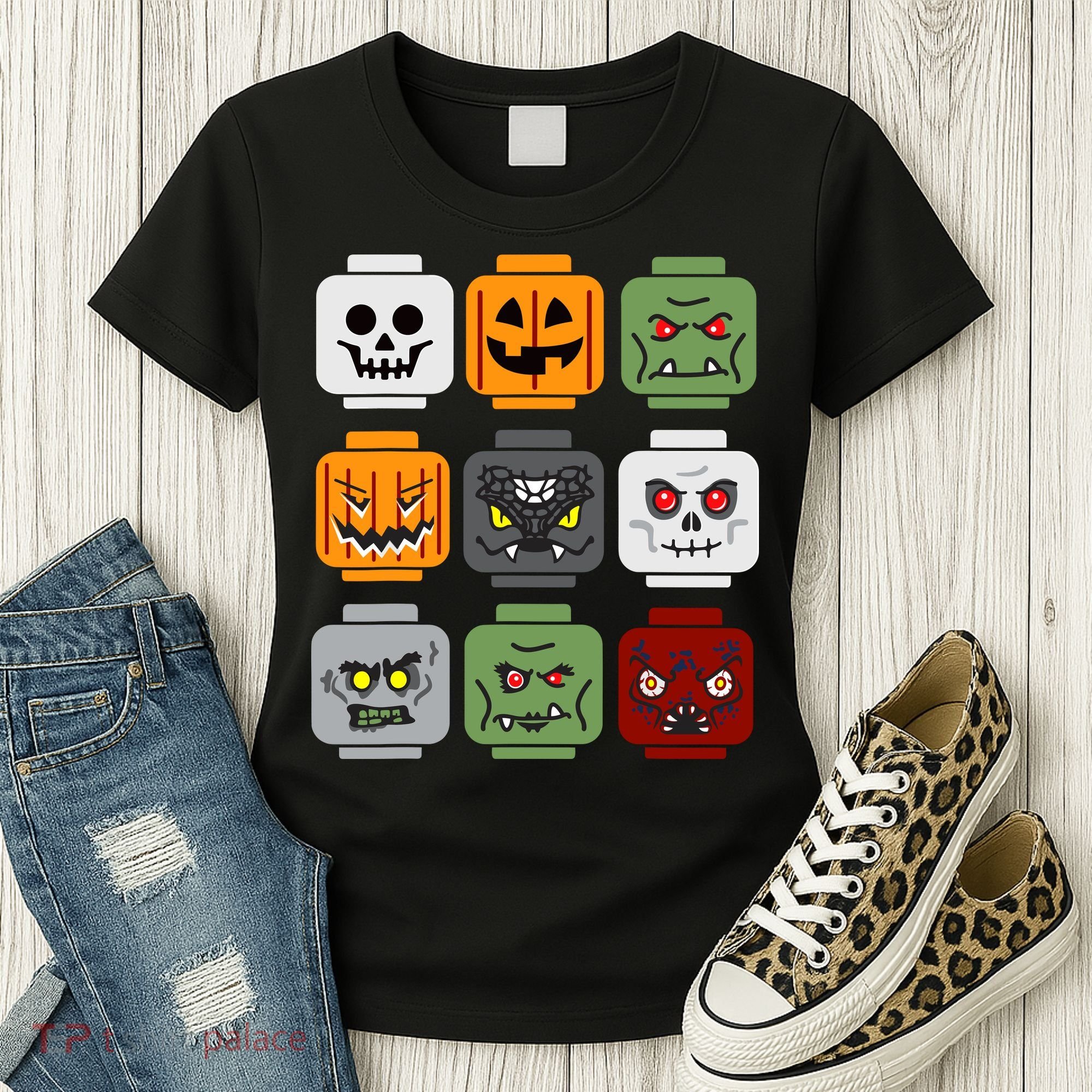 Halloween Building Brick Head Pumpkin Ghost Zombie Friends Women's T-Shirt