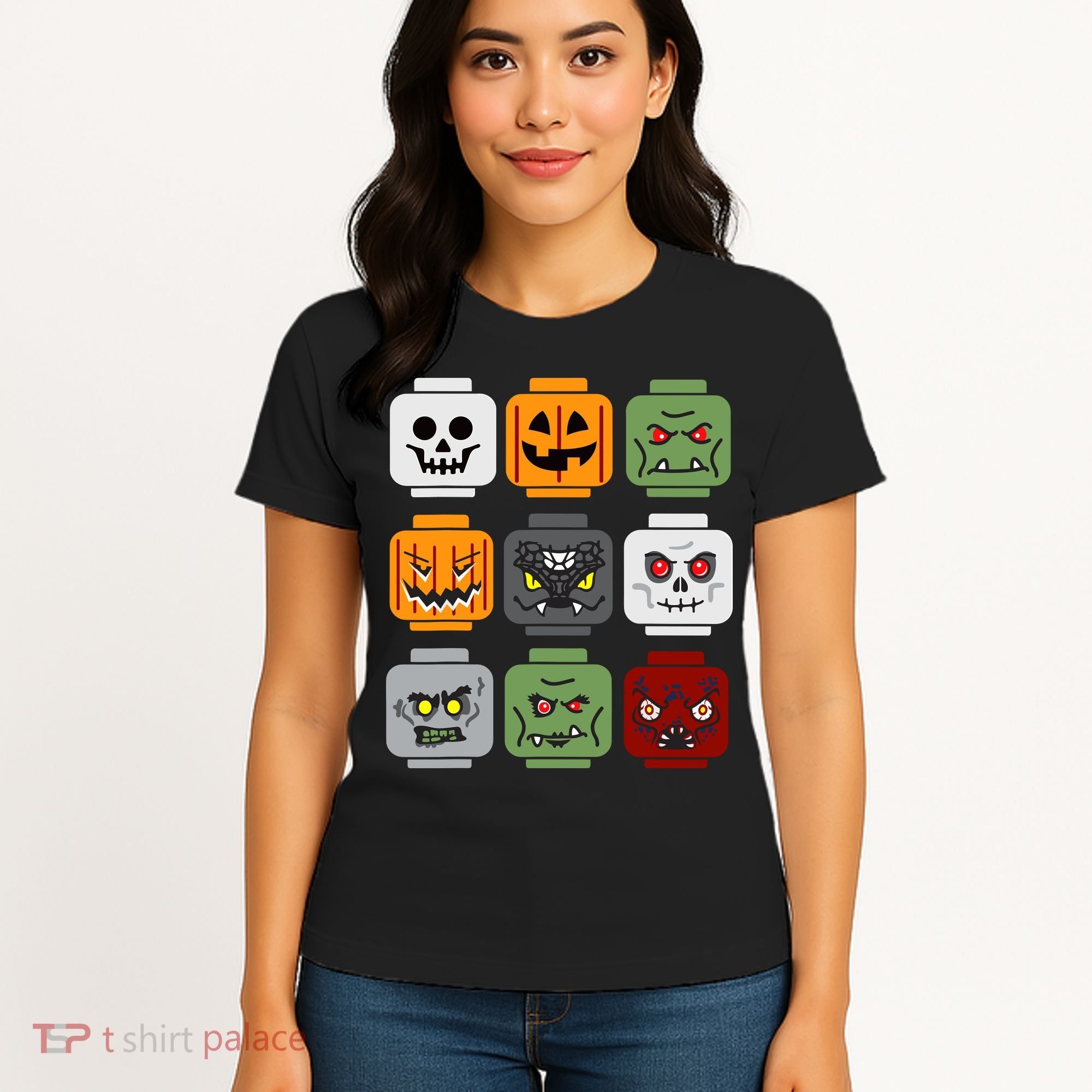 Halloween Building Brick Head Pumpkin Ghost Zombie Friends Women's T-Shirt