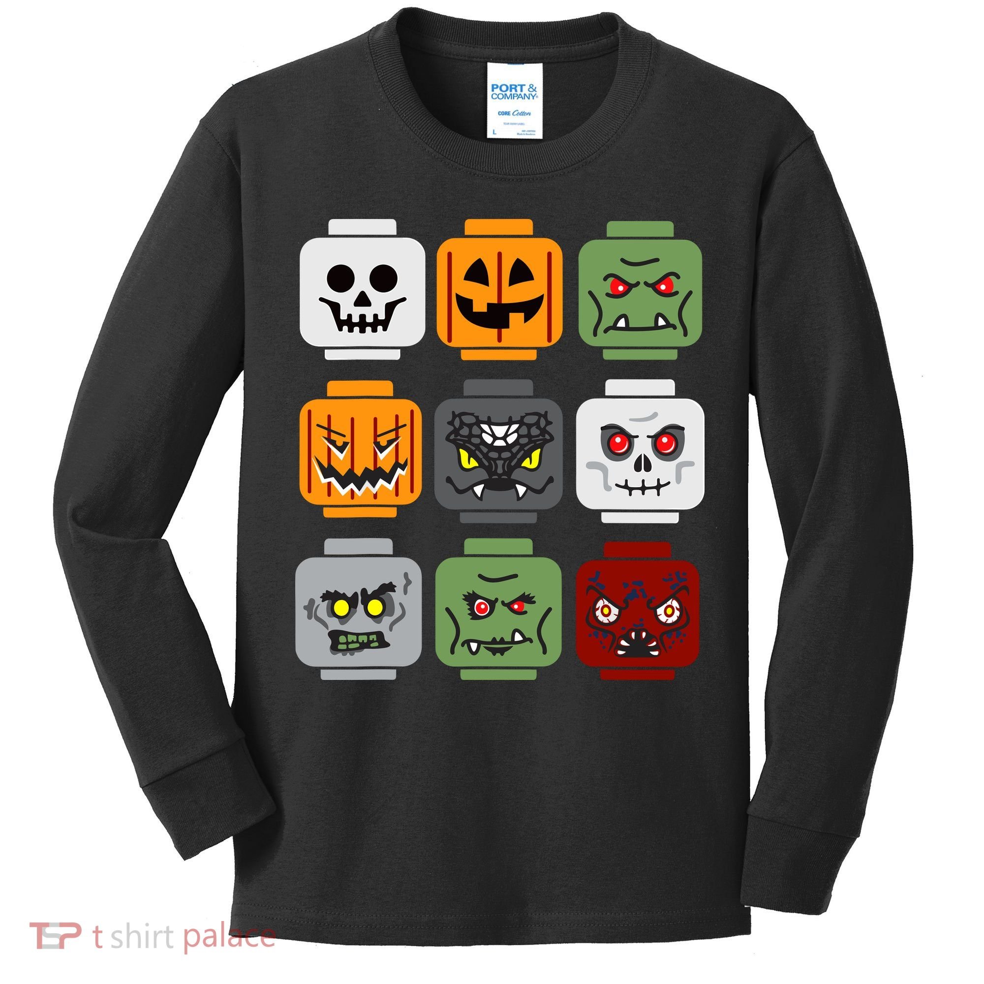 Halloween Building Brick Head Pumpkin Ghost Zombie Friends Kids Long Sleeve Shirt