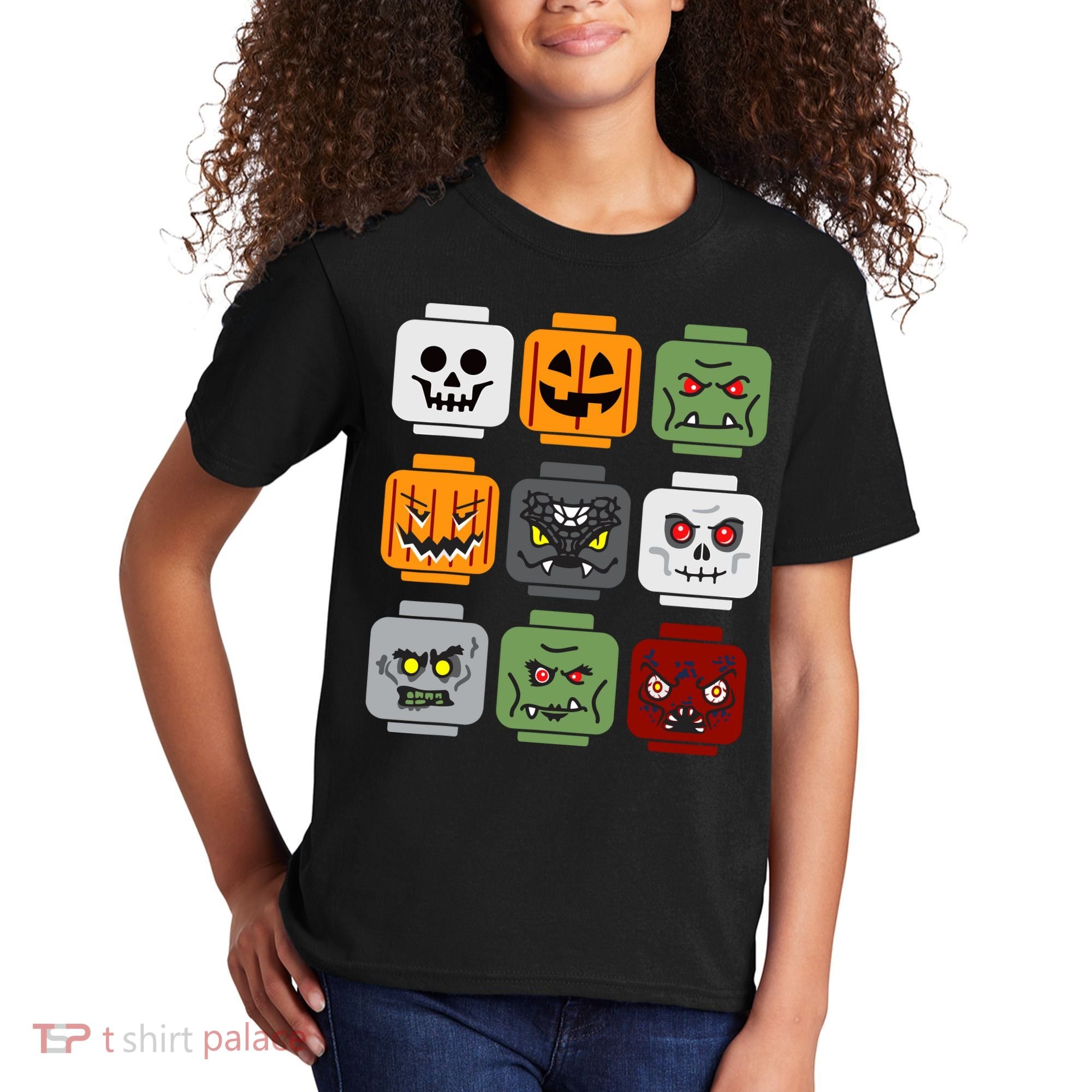 Halloween Building Brick Head Pumpkin Ghost Zombie Friends Kids T-Shirt