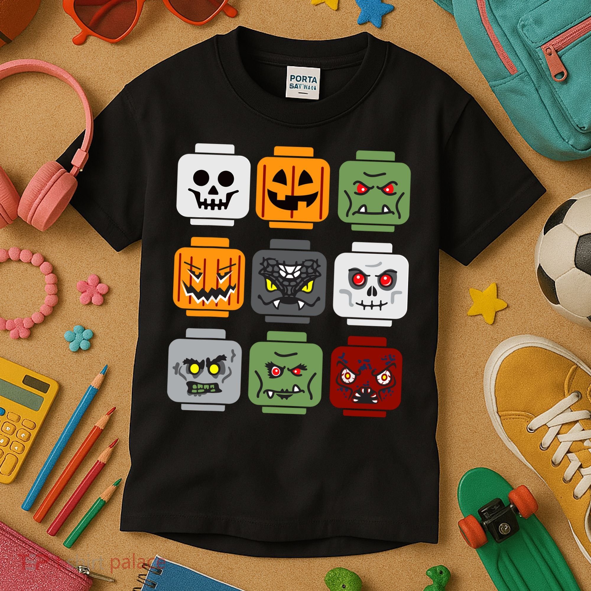 Halloween Building Brick Head Pumpkin Ghost Zombie Friends Kids T-Shirt