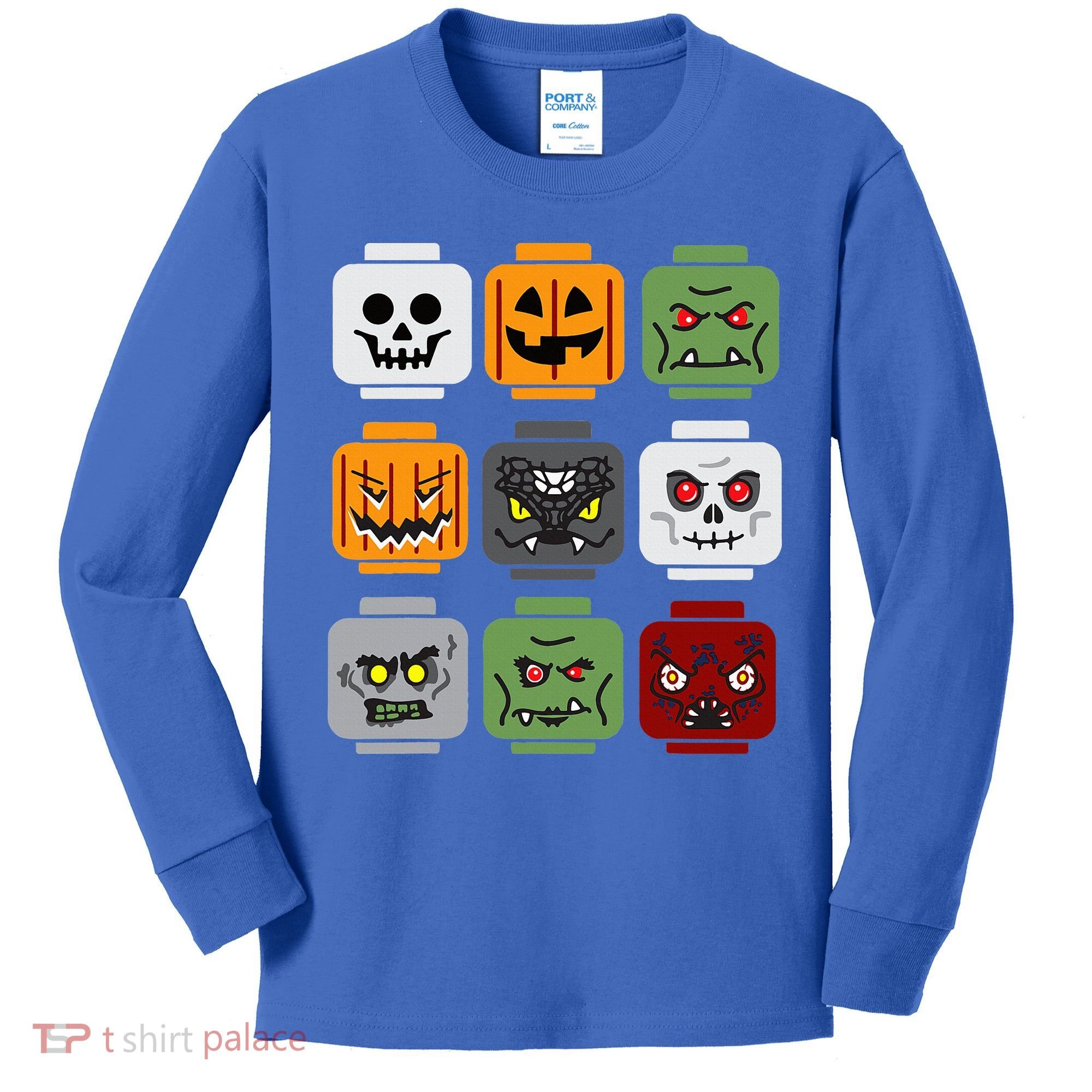 Halloween Building Brick Head Pumpkin Ghost Zombie Friends Kids Long Sleeve Shirt
