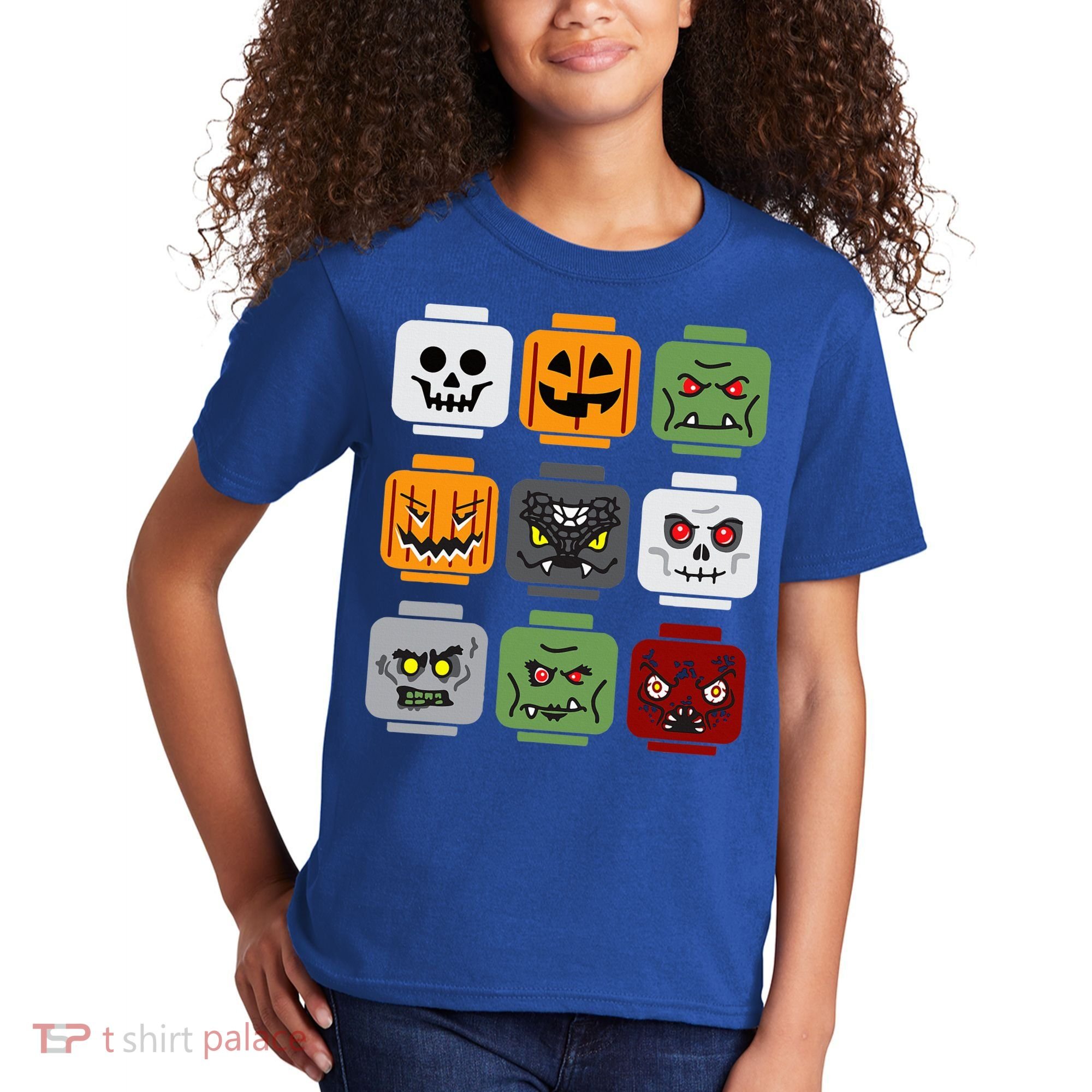 Halloween Building Brick Head Pumpkin Ghost Zombie Friends Kids T-Shirt