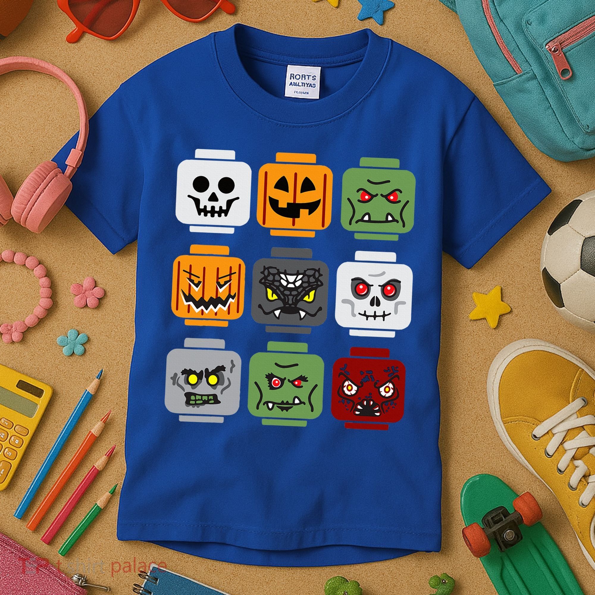 Halloween Building Brick Head Pumpkin Ghost Zombie Friends Kids T-Shirt