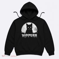 Halloween Black Cat Vampire With Full Moon Vampurr Pun Hoodie thumb 0