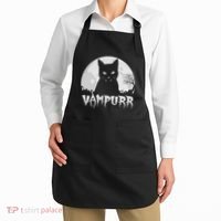 Halloween Black Cat Vampire With Full Moon Vampurr Pun Apron thumb 2