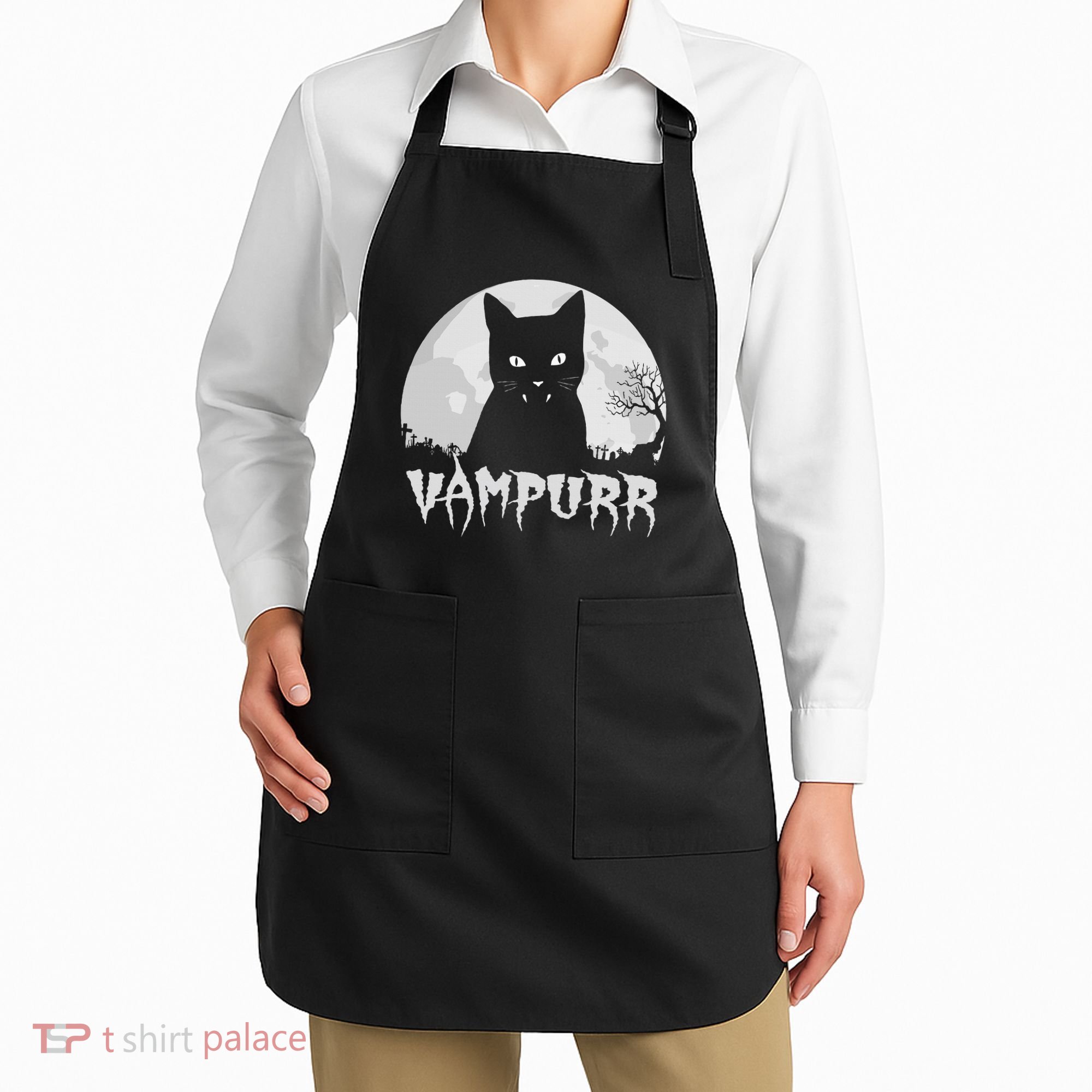 Halloween Black Cat Vampire With Full Moon Vampurr Pun Apron