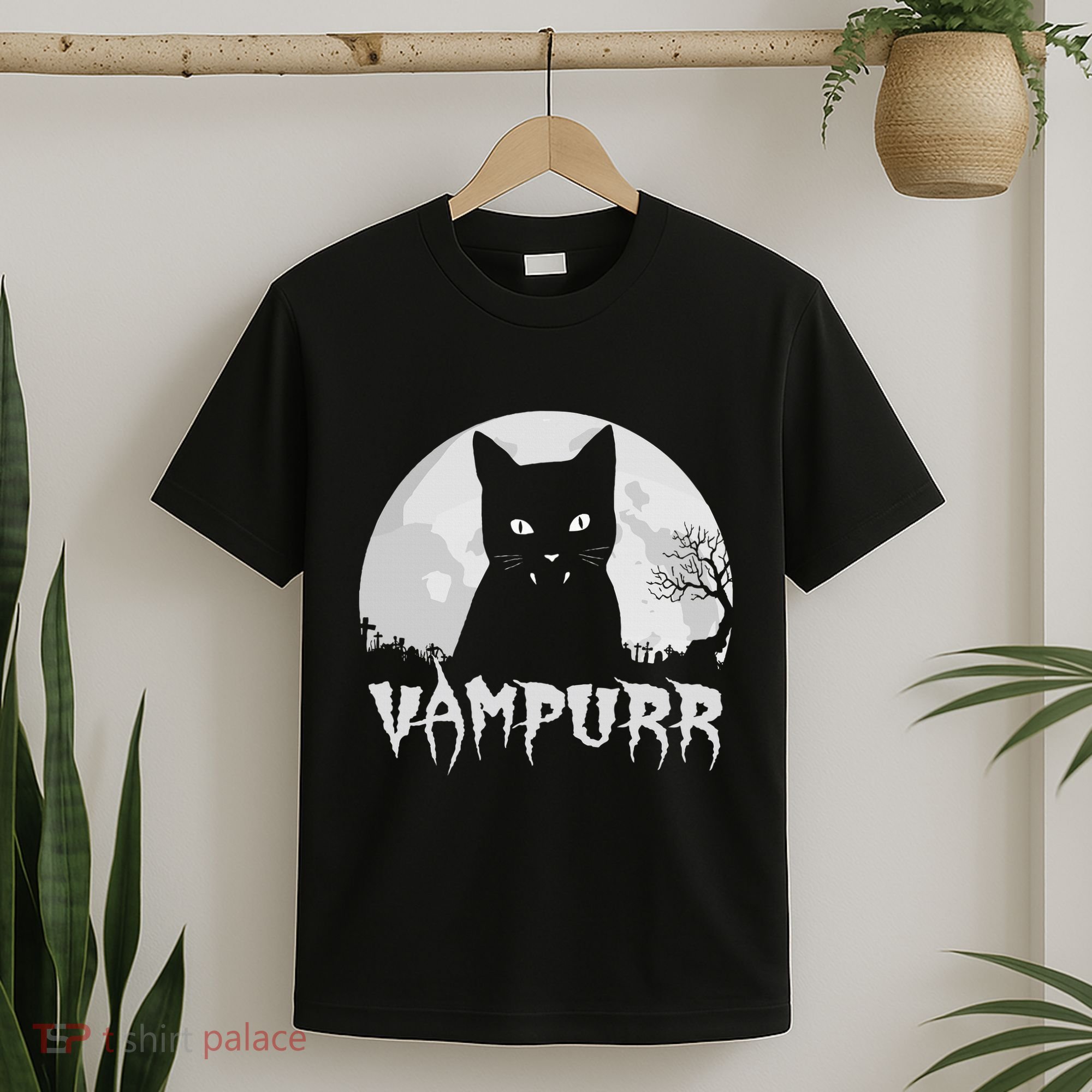 Halloween Black Cat Vampire With Full Moon Vampurr Pun T-Shirt