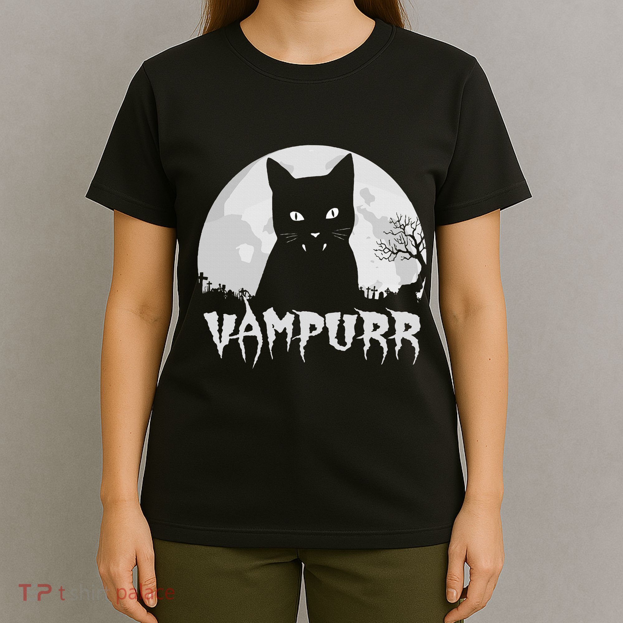 Halloween Black Cat Vampire With Full Moon Vampurr Pun T-Shirt
