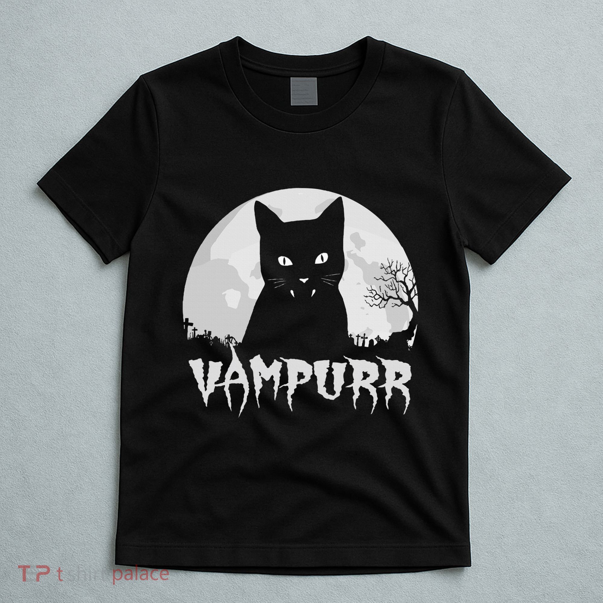 Halloween Black Cat Vampire With Full Moon Vampurr Pun T-Shirt
