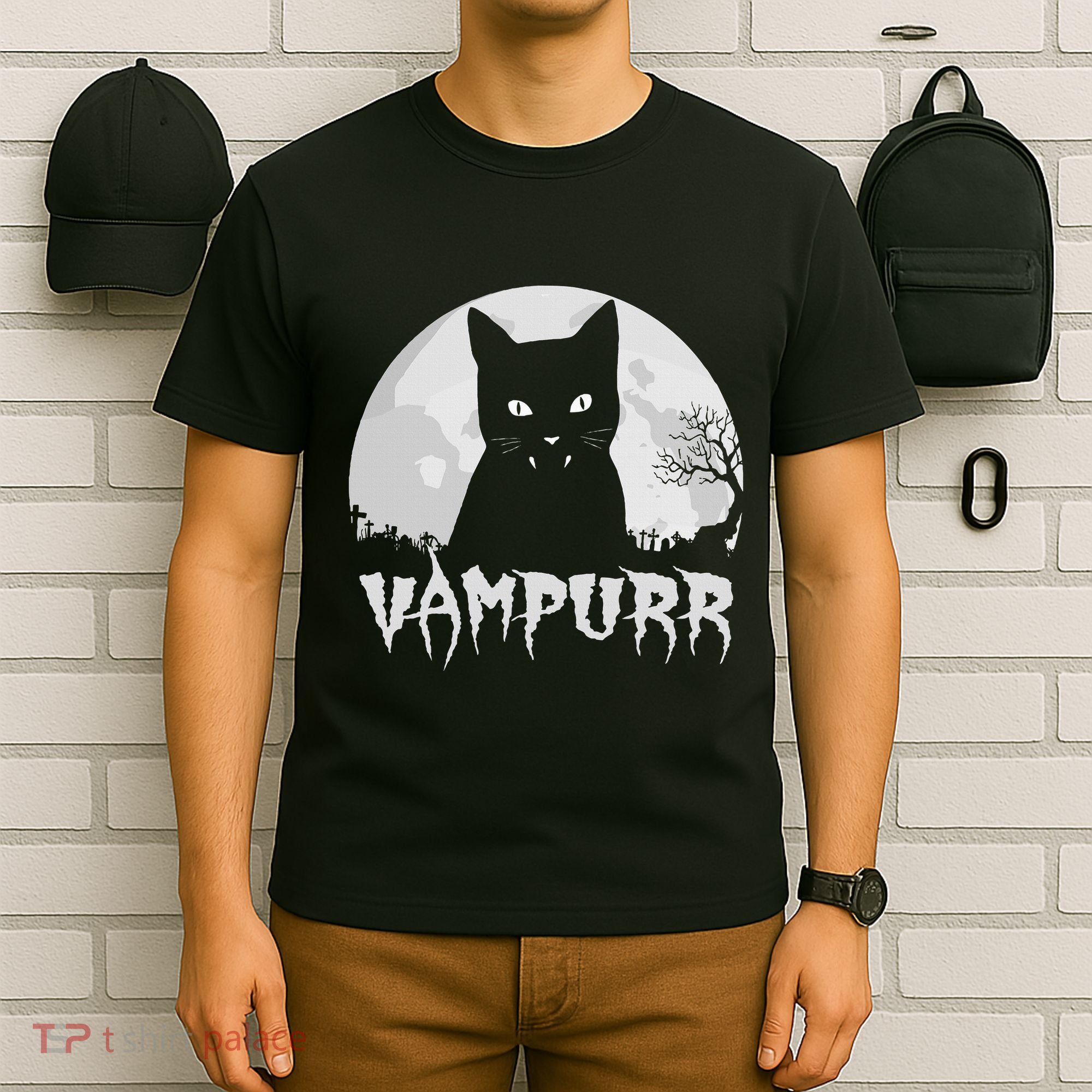 Halloween Black Cat Vampire With Full Moon Vampurr Pun T-Shirt