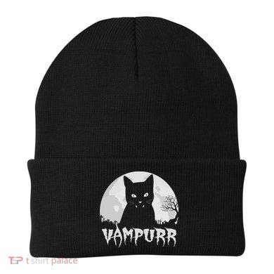 Halloween Black Cat Vampire With Full Moon Vampurr Pun Beanie