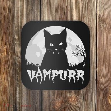 Halloween Black Cat Vampire With Full Moon Vampurr Pun Coaster