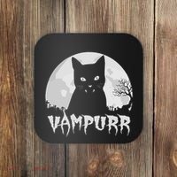 Halloween Black Cat Vampire With Full Moon Vampurr Pun Coaster thumb 0