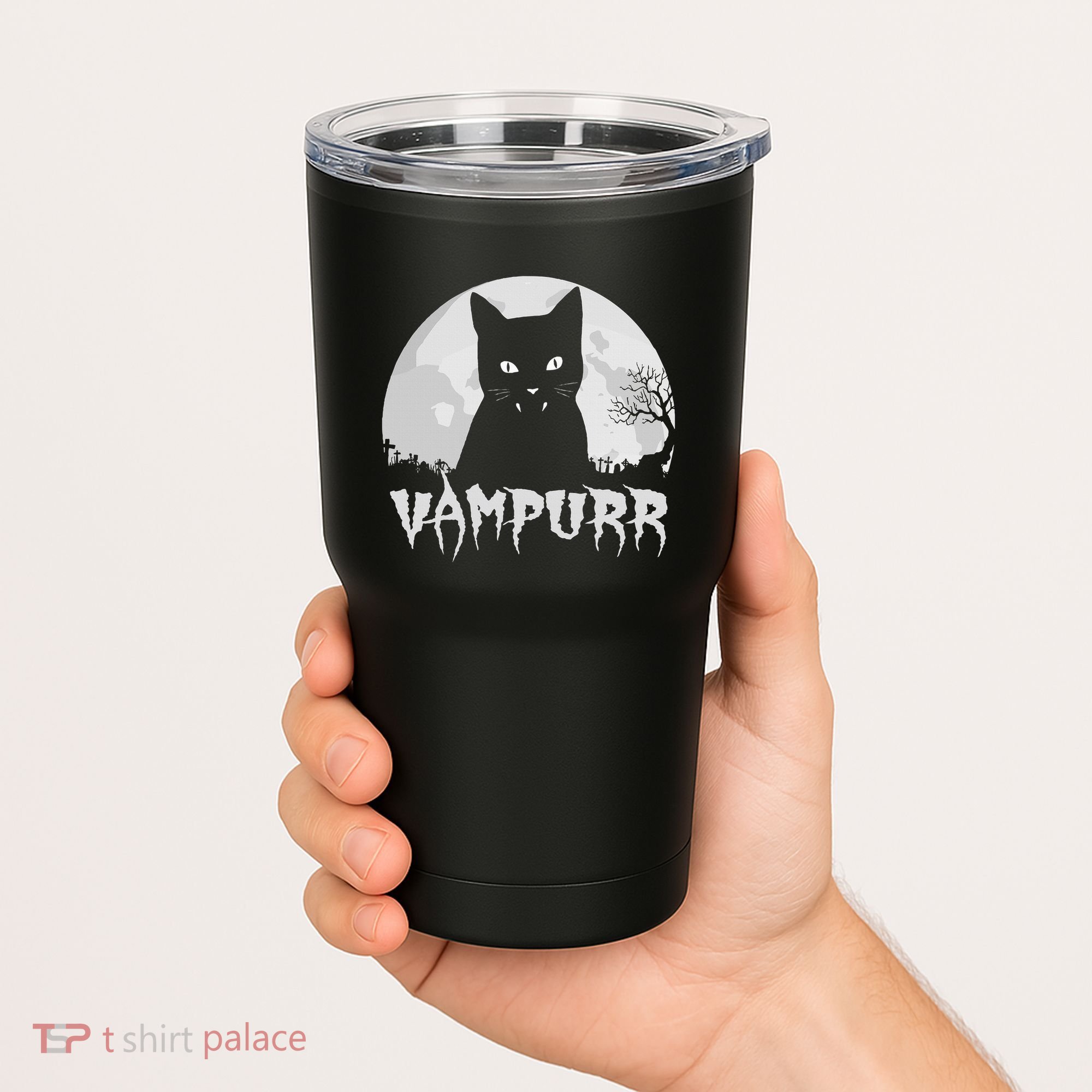 Halloween Black Cat Vampire With Full Moon Vampurr Pun Tumbler