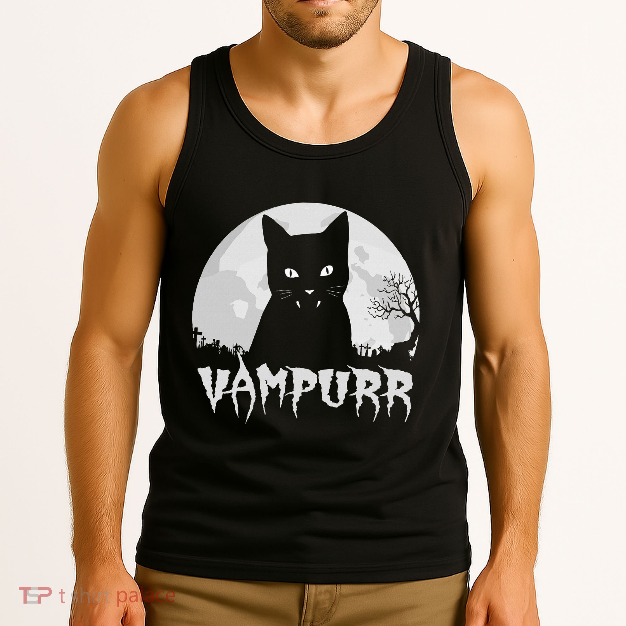 Halloween Black Cat Vampire With Full Moon Vampurr Pun Tank Top