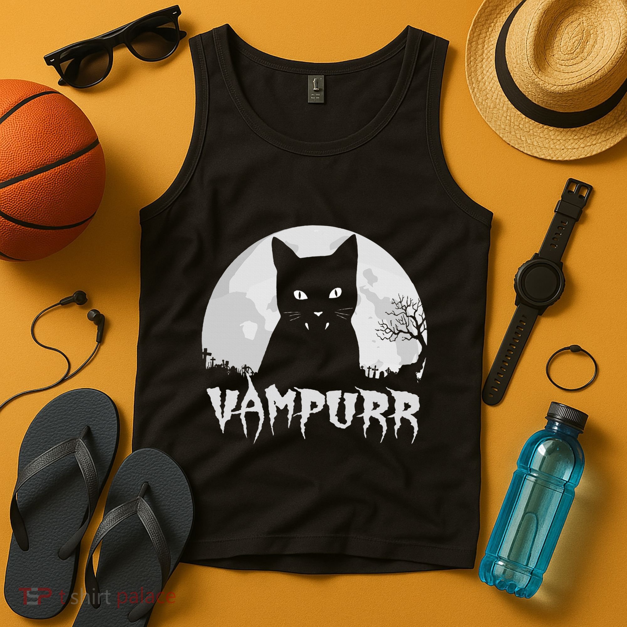 Halloween Black Cat Vampire With Full Moon Vampurr Pun Tank Top