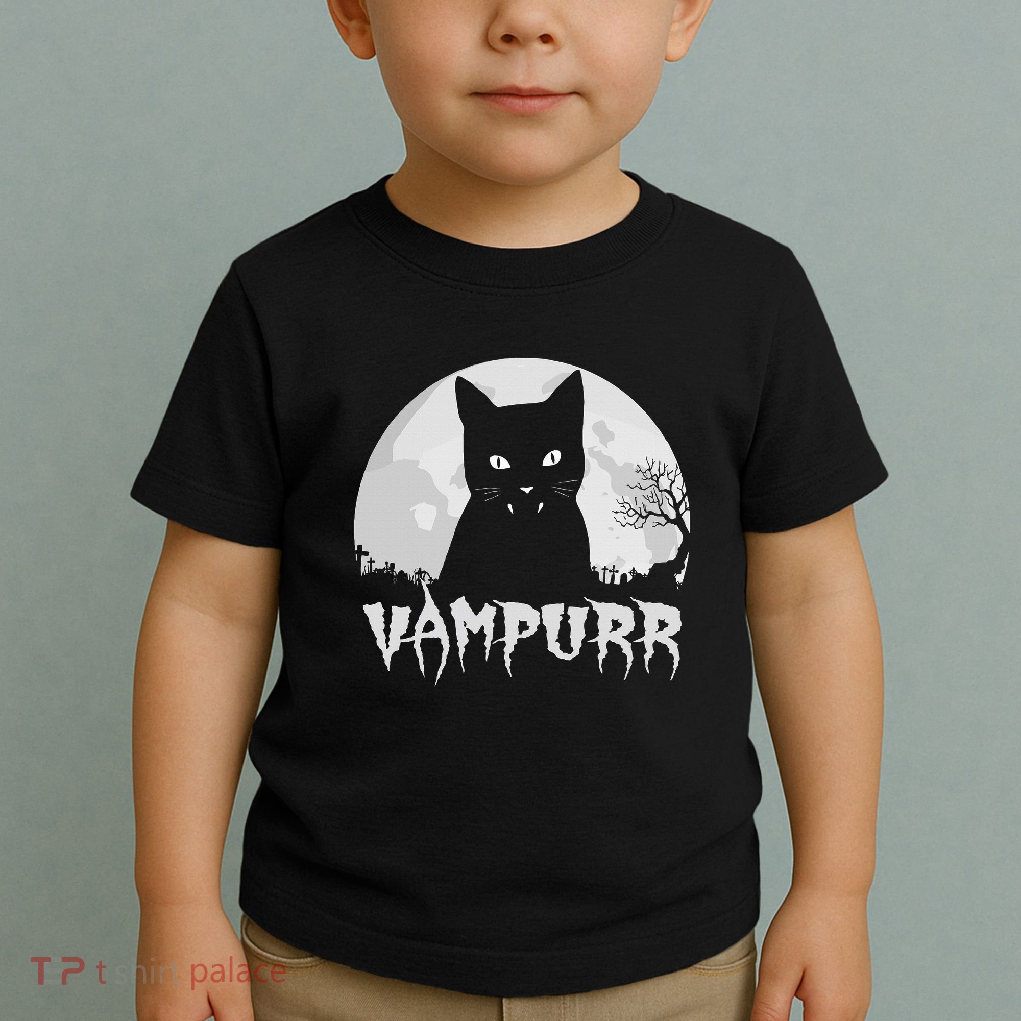 Halloween Black Cat Vampire With Full Moon Vampurr Pun Toddler T-Shirt
