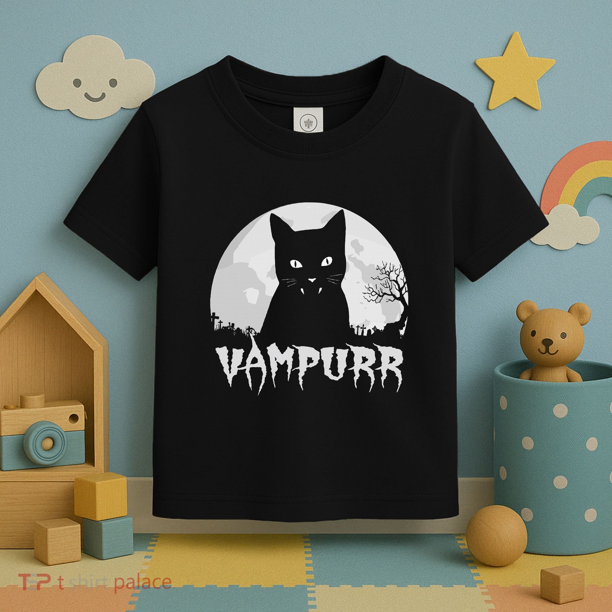 Halloween Black Cat Vampire With Full Moon Vampurr Pun Toddler T-Shirt
