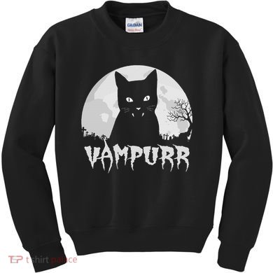 Halloween Black Cat Vampire With Full Moon Vampurr Pun Kids Sweatshirt