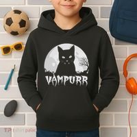 Halloween Black Cat Vampire With Full Moon Vampurr Pun Kids Hoodie thumb 2