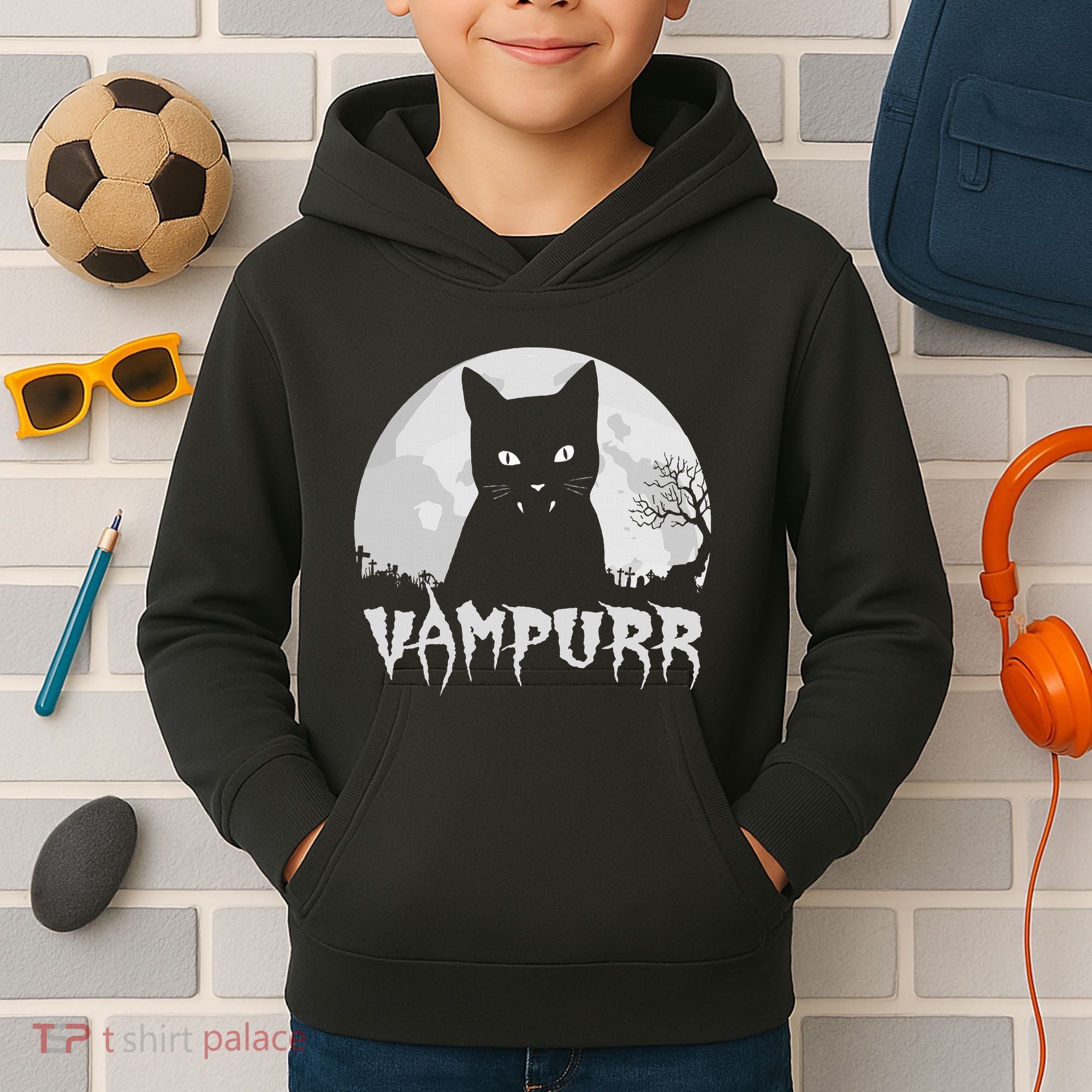 Halloween Black Cat Vampire With Full Moon Vampurr Pun Kids Hoodie