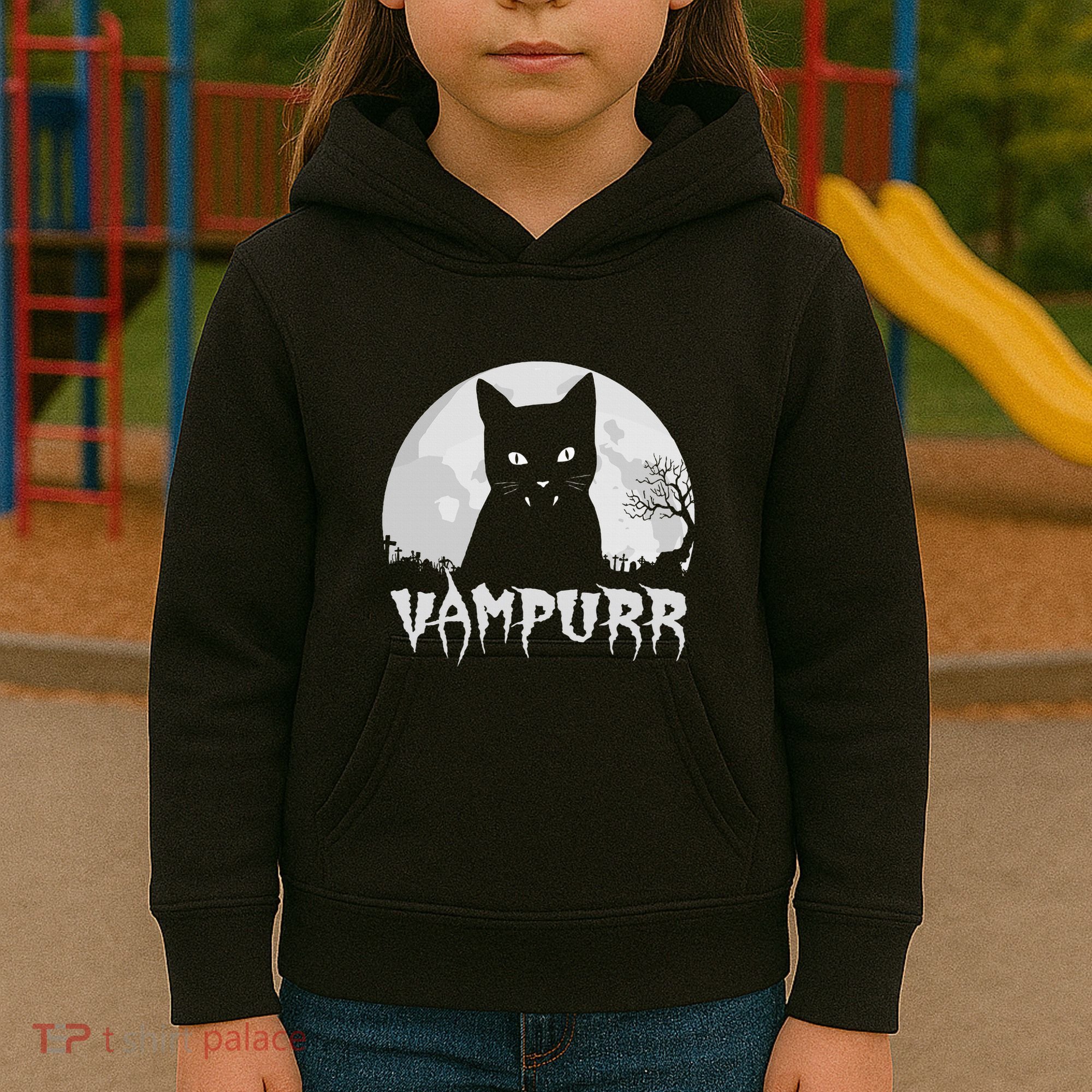 Halloween Black Cat Vampire With Full Moon Vampurr Pun Kids Hoodie
