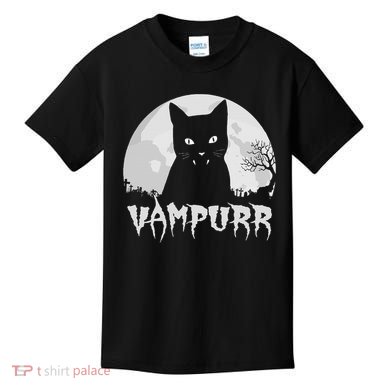 Halloween Black Cat Vampire With Full Moon Vampurr Pun Kids T-Shirt