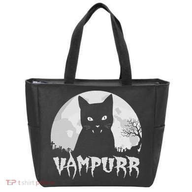 Halloween Black Cat Vampire With Full Moon Vampurr Pun Tote Bag