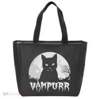 Halloween Black Cat Vampire With Full Moon Vampurr Pun Tote Bag thumb 0