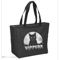 Halloween Black Cat Vampire With Full Moon Vampurr Pun Tote Bag thumb 2