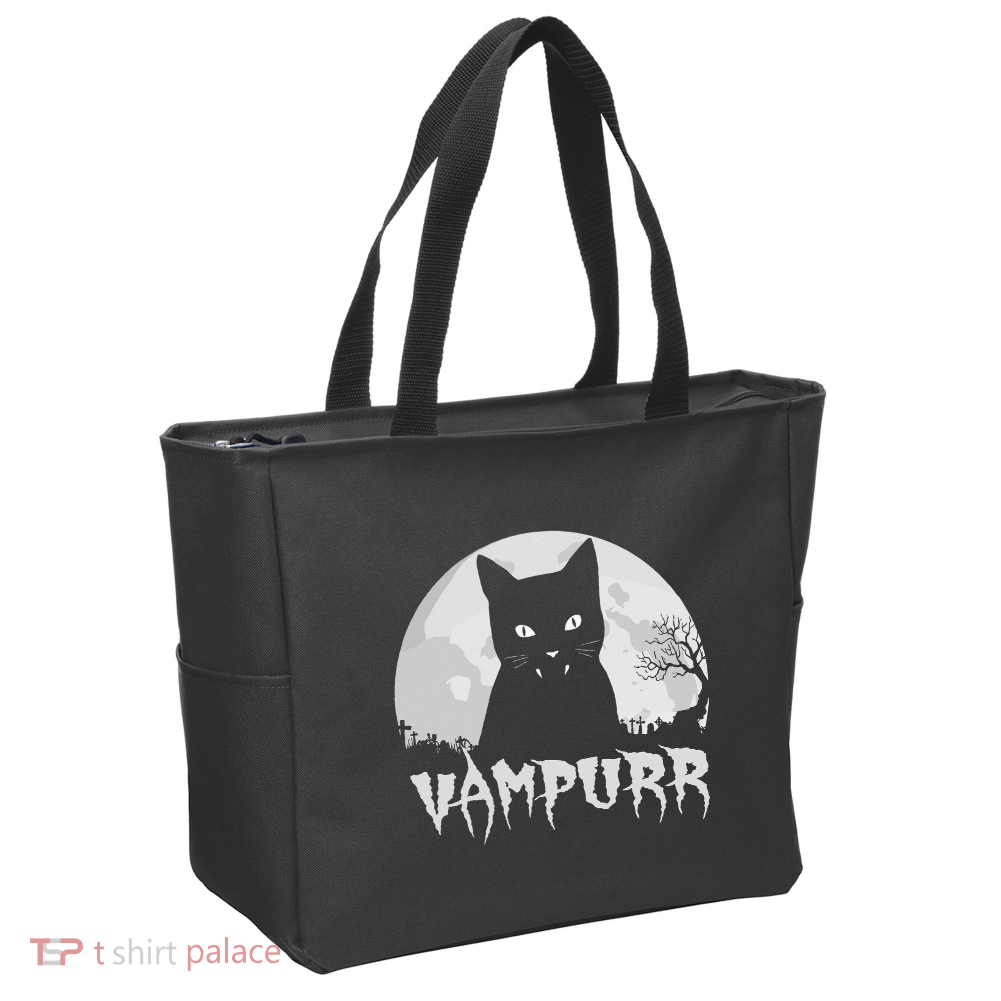 Halloween Black Cat Vampire With Full Moon Vampurr Pun Tote Bag