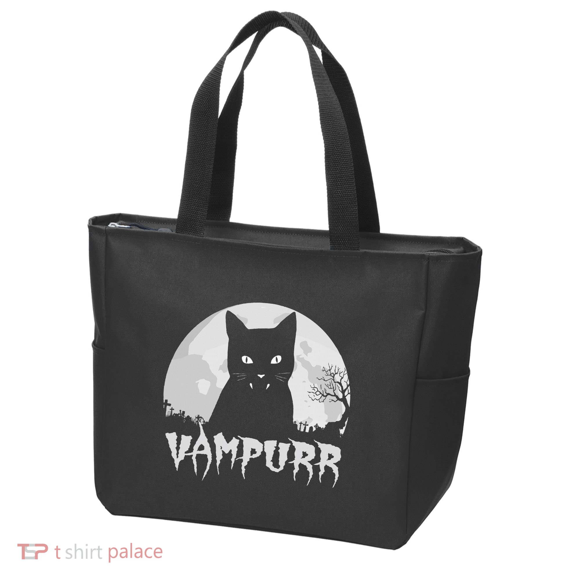 Halloween Black Cat Vampire With Full Moon Vampurr Pun Tote Bag