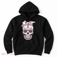Halloween Breast Cancer Awareness Ribbon Skull Skeleton Hoodie thumb 0