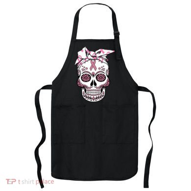Halloween Breast Cancer Awareness Ribbon Skull Skeleton Apron