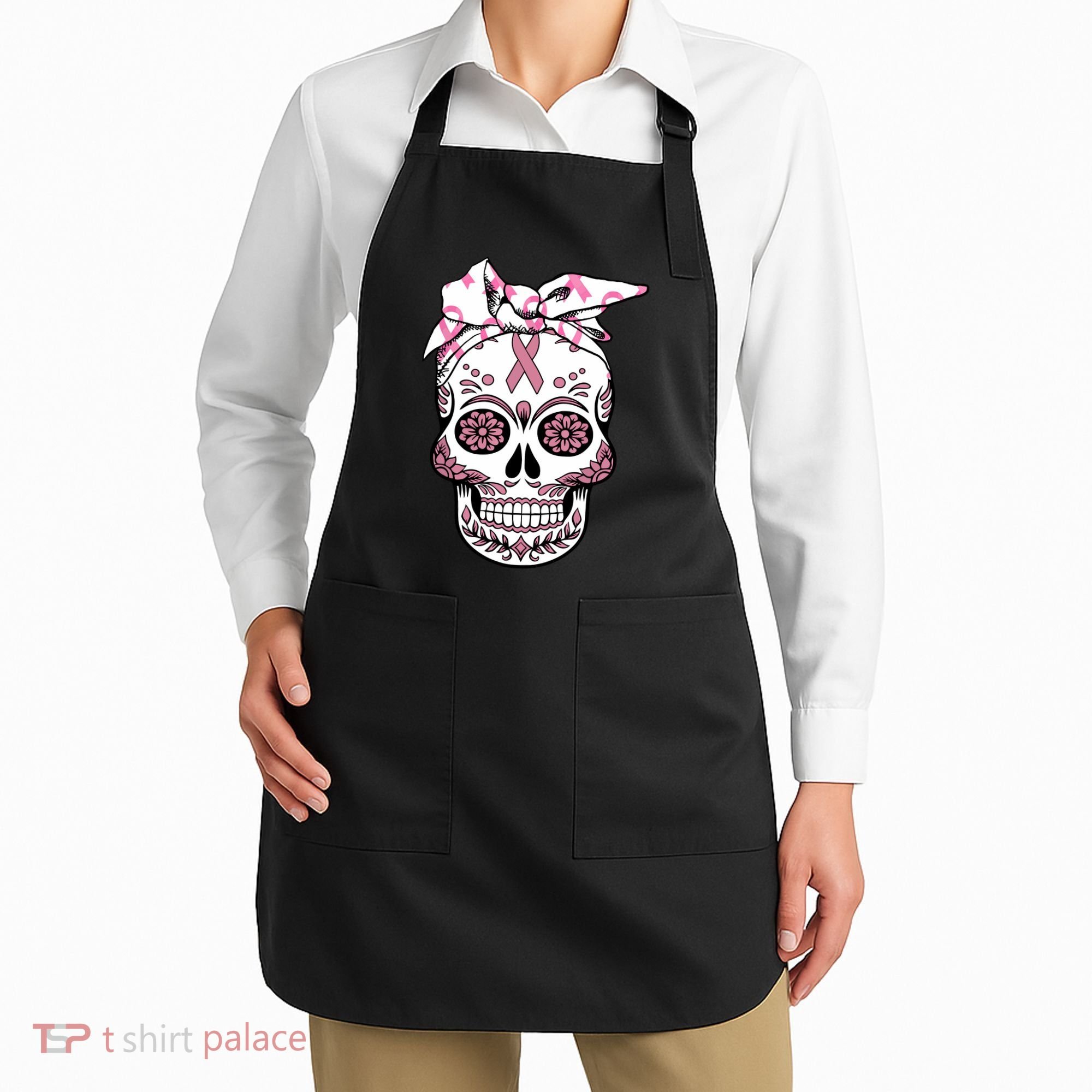 Halloween Breast Cancer Awareness Ribbon Skull Skeleton Apron