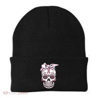 Halloween Breast Cancer Awareness Ribbon Skull Skeleton Beanie thumb 0