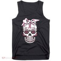 Halloween Breast Cancer Awareness Ribbon Skull Skeleton Tank Top thumb 0